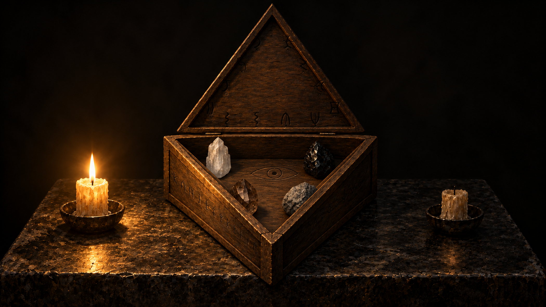 La bougie, le coffret triangulaire et les cristaux