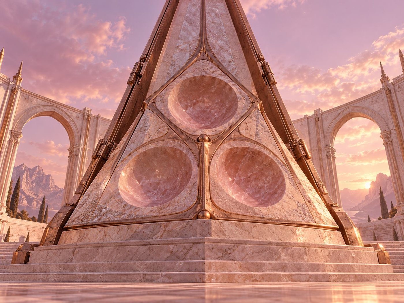 L'Orakhan des Cœurs, obélisque de marbre rose sous un ciel d'aube