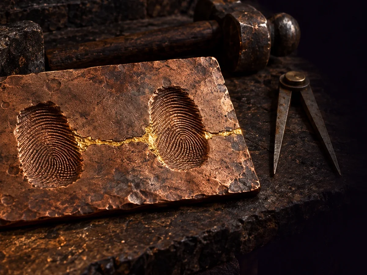 Une plaque de cuivre martelée, deux empreintes de pouce frappées dans le métal, et un trait d’or incrusté qui joint la première à la seconde et continue au-delà