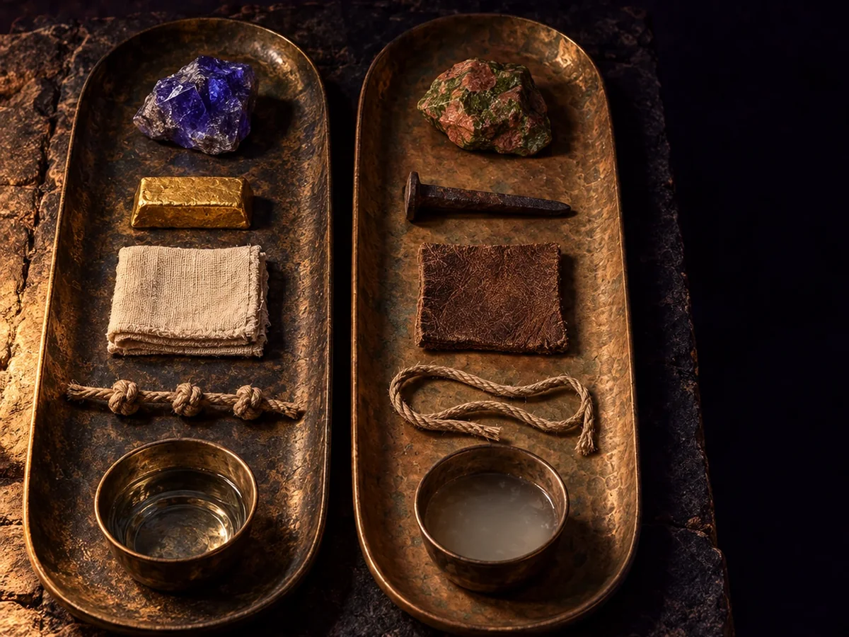 Deux plateaux de bronze à niveau : à gauche la tanzanite, l’or, le lin, le cordon noué et l’eau claire ; à droite l’unakite, le fer, le cuir, le cordon dénoué et l’eau trouble